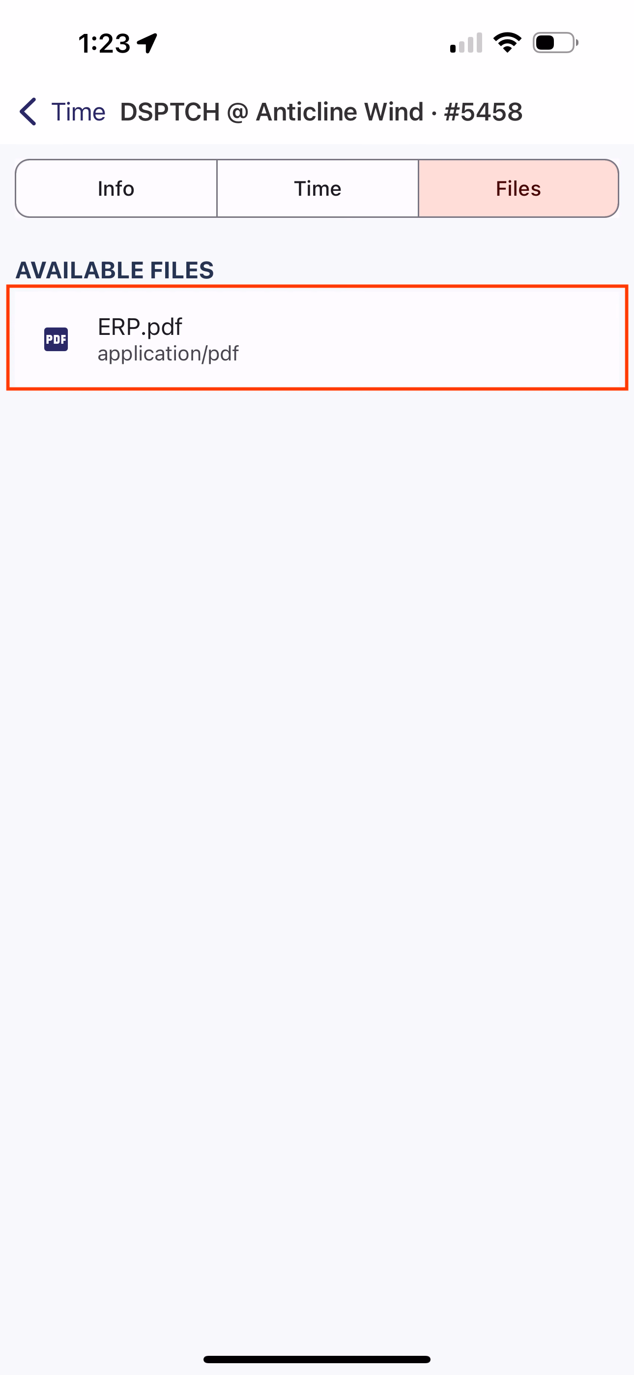 Job Card Files tab with a single document highlighted in red ready to be tapped
