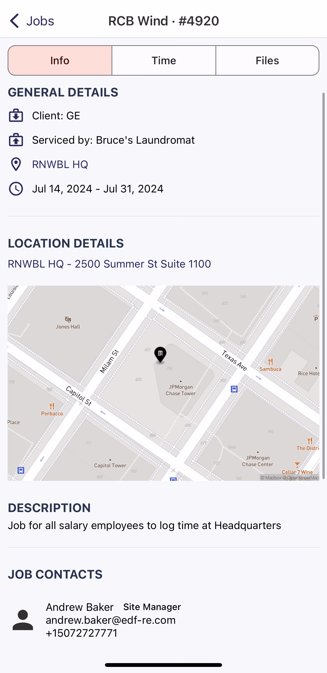 Job Card Info tab with General Details, Location Details map, Description, and Job Contacts sections