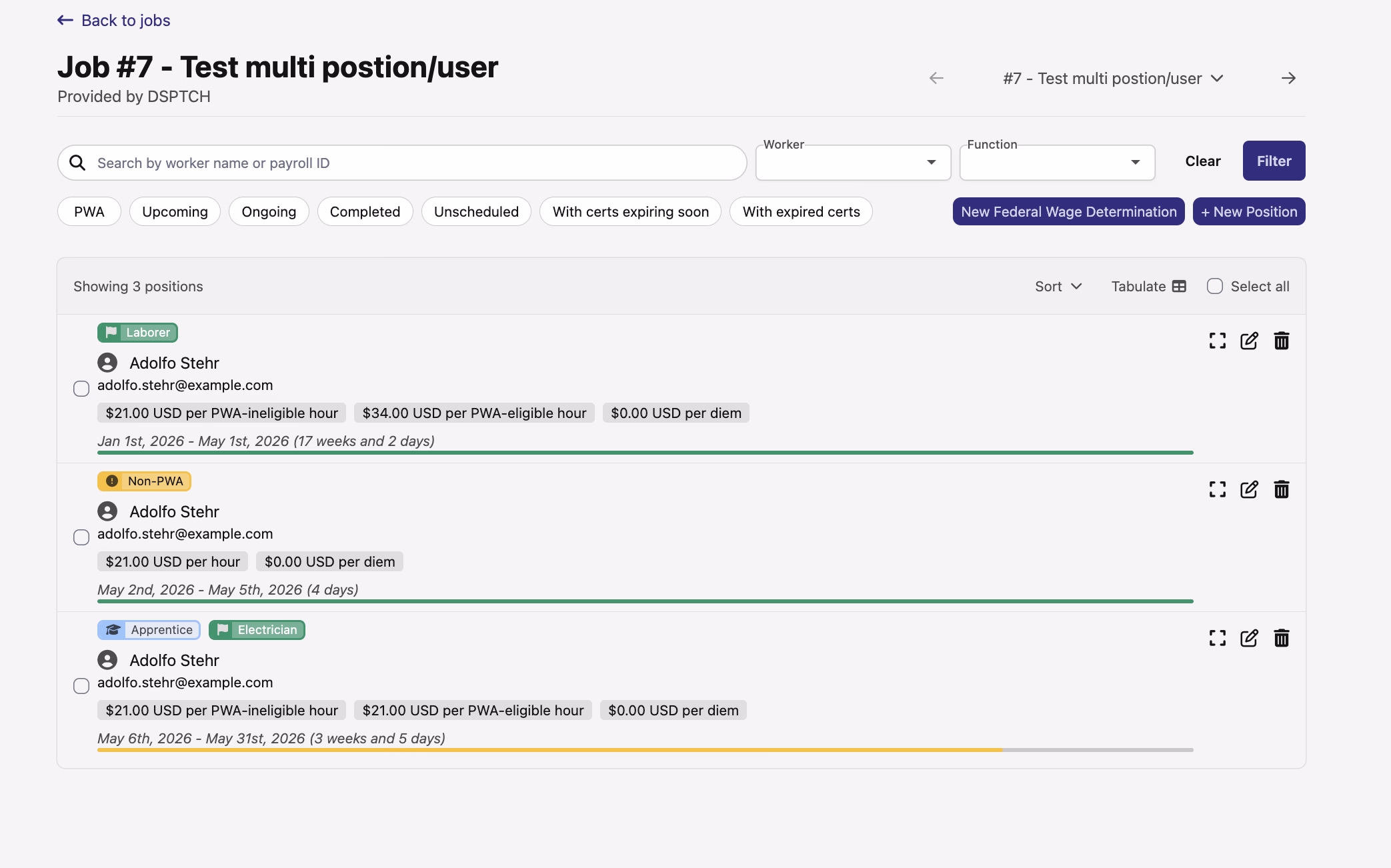 Job Positions page showing three positions for the same worker, Adolfo Stehr — one Laborer, one Non-PWA, and one Apprentice/Electrician — each with its own pay rates and effective date range