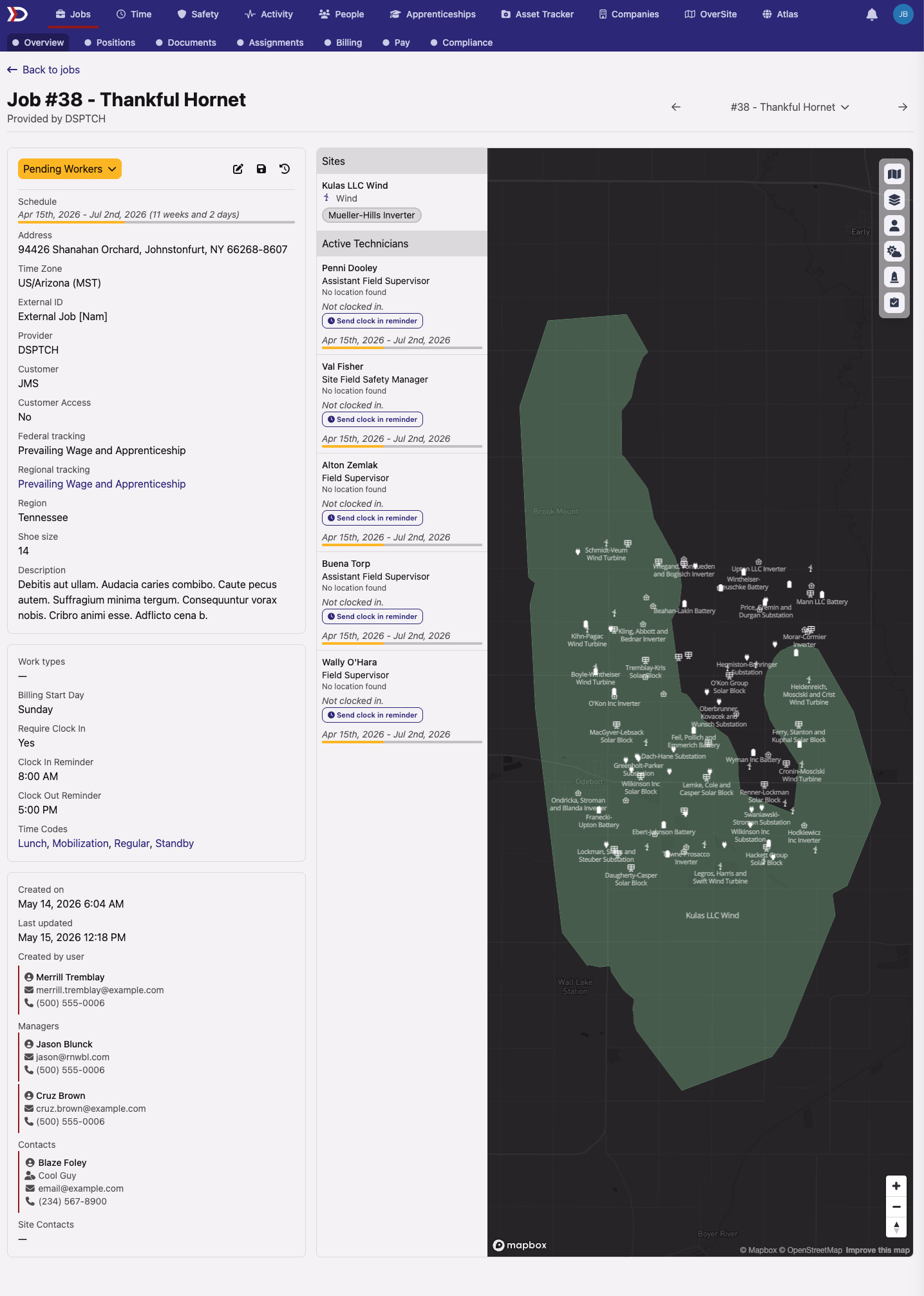 Job overview details panel for Job #38 Thankful Hornet with the schedule, prevailing wage and apprenticeship indicators, customer details, work types, and a roster of creators, managers, and contacts grouped into clearly delineated cards next to the active sites map