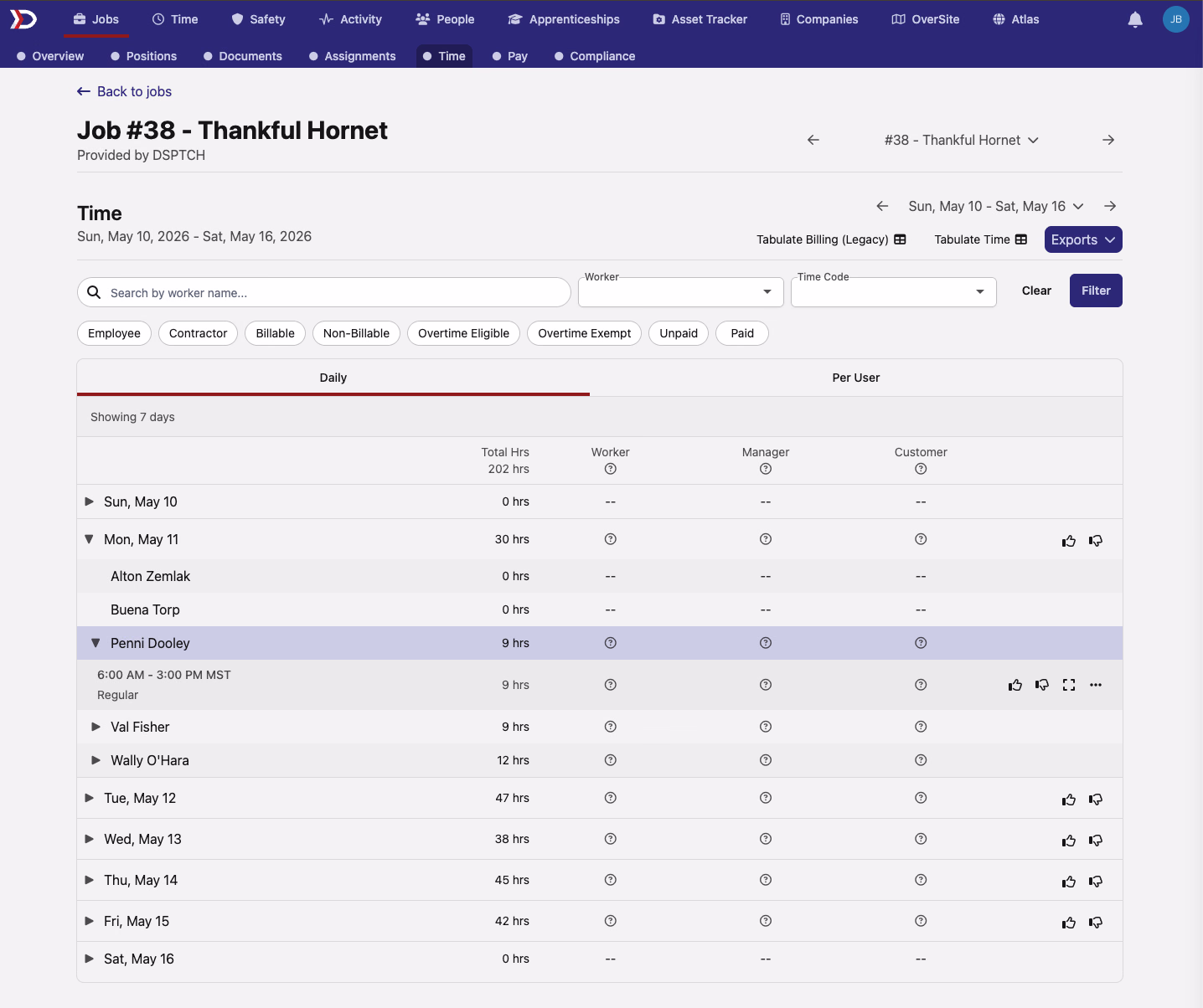 Job Time page showing the refreshed Daily tab with a worker search, Time Code dropdown, type filters (Employee, Contractor, Billable, Non-Billable, Overtime Eligible, Overtime Exempt, Unpaid, Paid), and a table grouped by day with Total Hrs / Worker / Manager / Customer columns