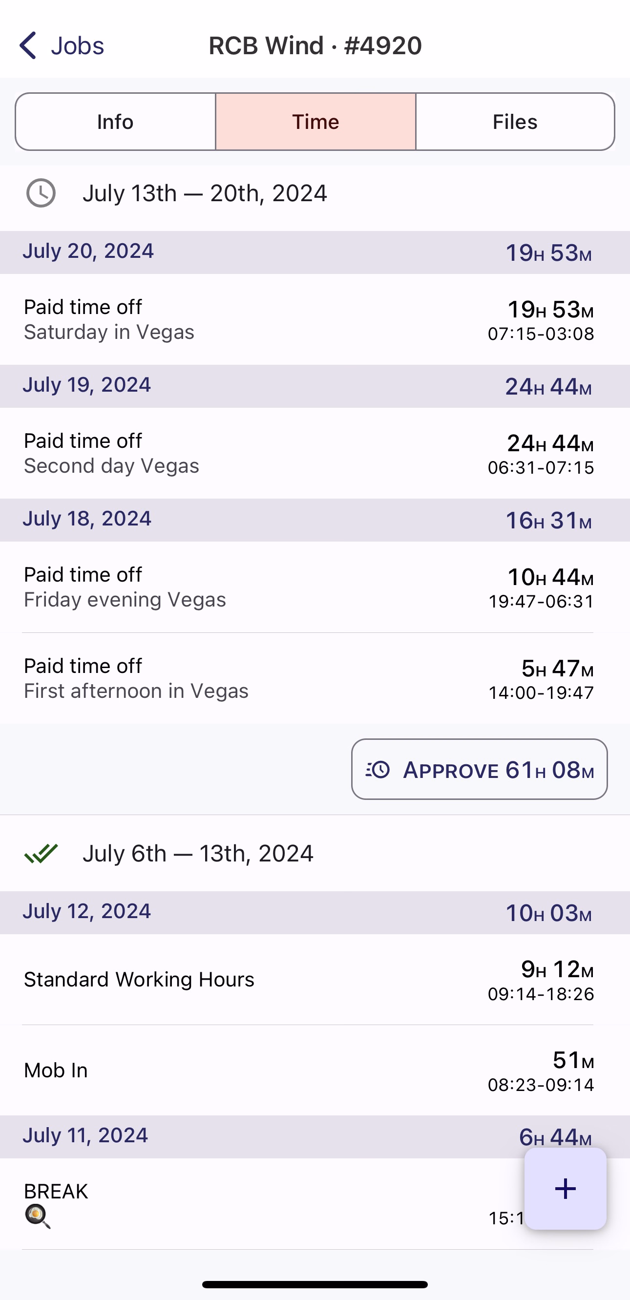 Job Card Time tab with weekly time entries grouped by date and Approve buttons per week