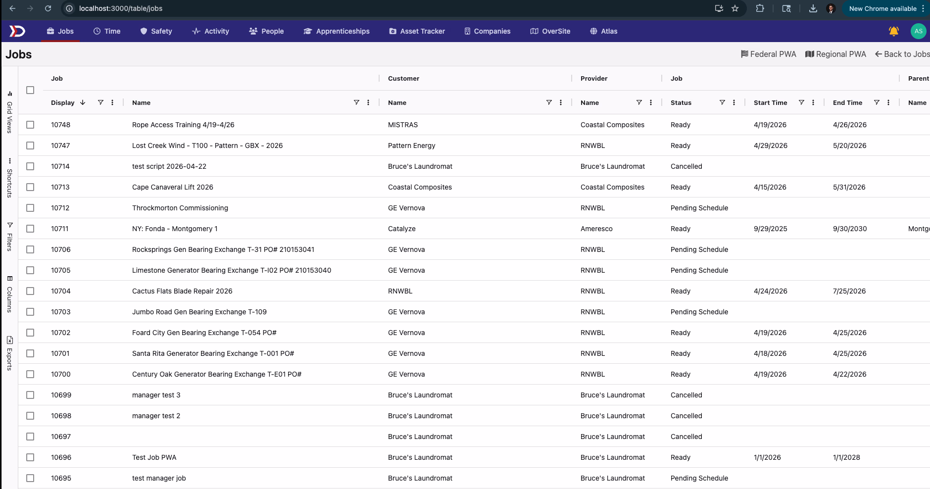 Jobs AgGrid with federal/regional presets