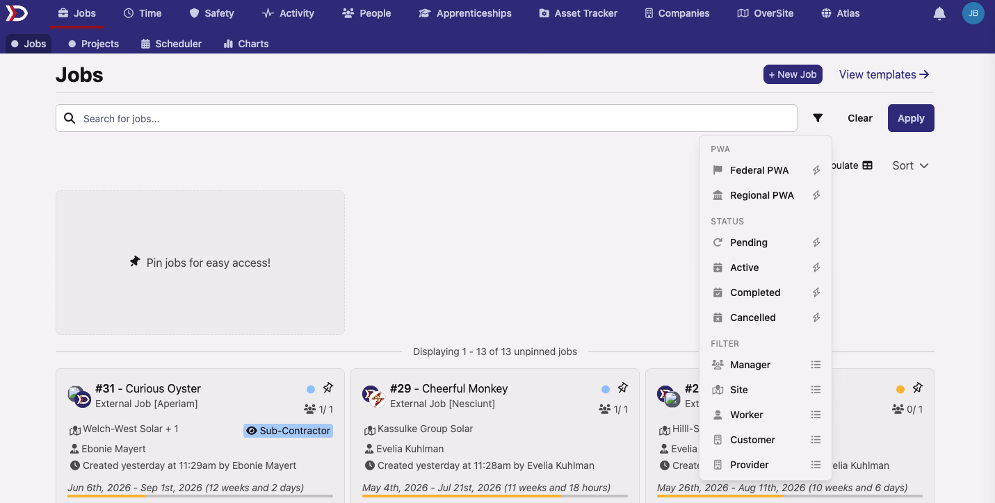 The Jobs list with the chip-style filter panel open, grouped into PWA, Status, and Filter sections