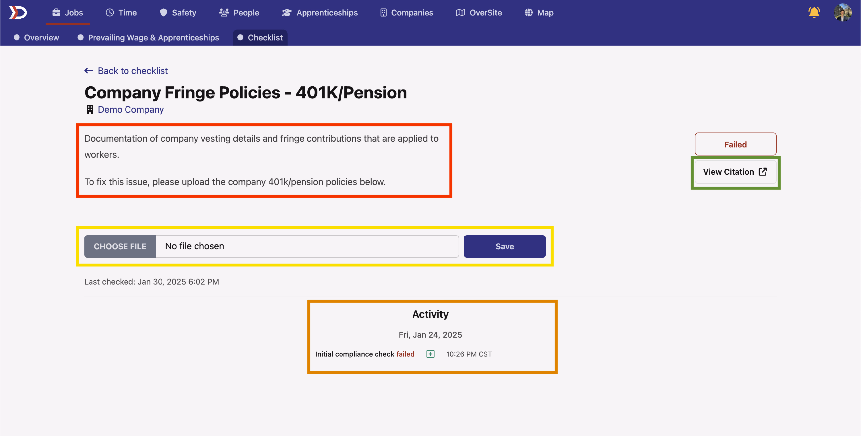 Compliance check detail showing description, document upload, citation link, and activity log sections