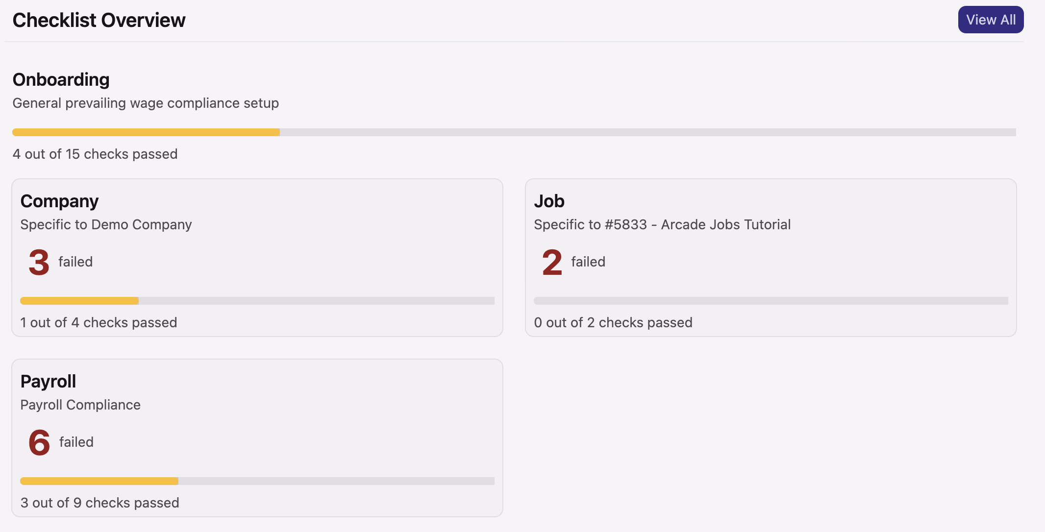 Onboarding compliance category showing Company, Job, and Payroll subcategories