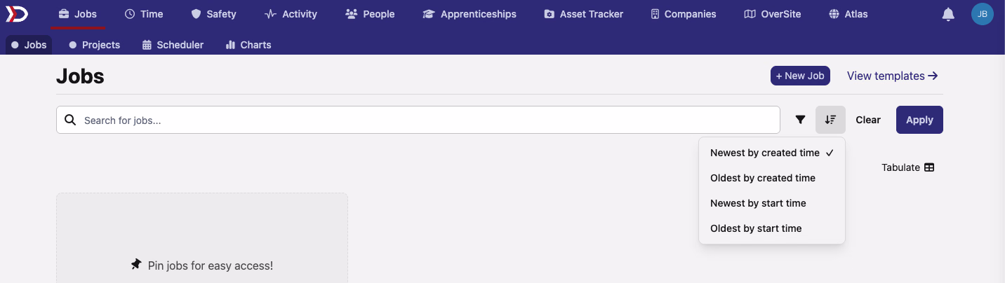 The Jobs index filter bar with search, filter picker, sort control, and Apply in one row