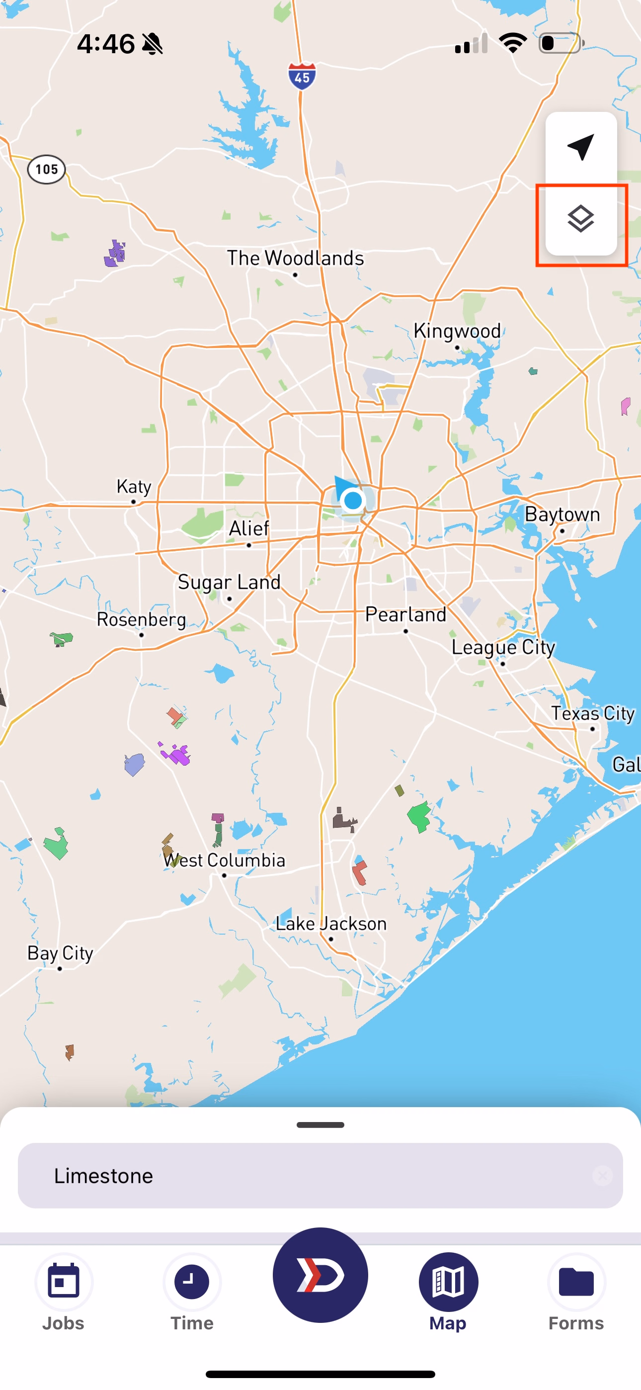 Map view with the Layer Tray button highlighted in red to open the map style and layer settings