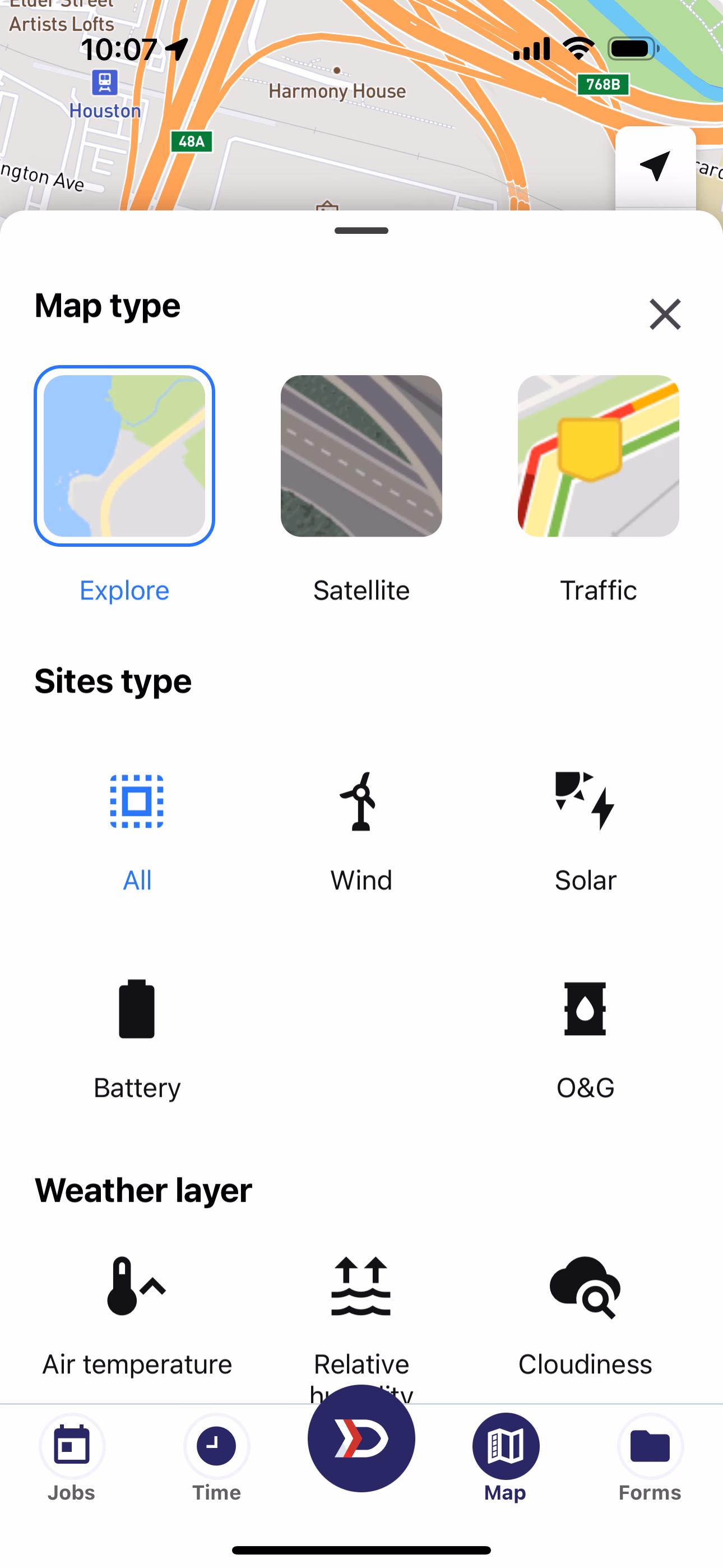 Layer Tray expanded showing Map type, Sites type, and Weather layer configuration sections