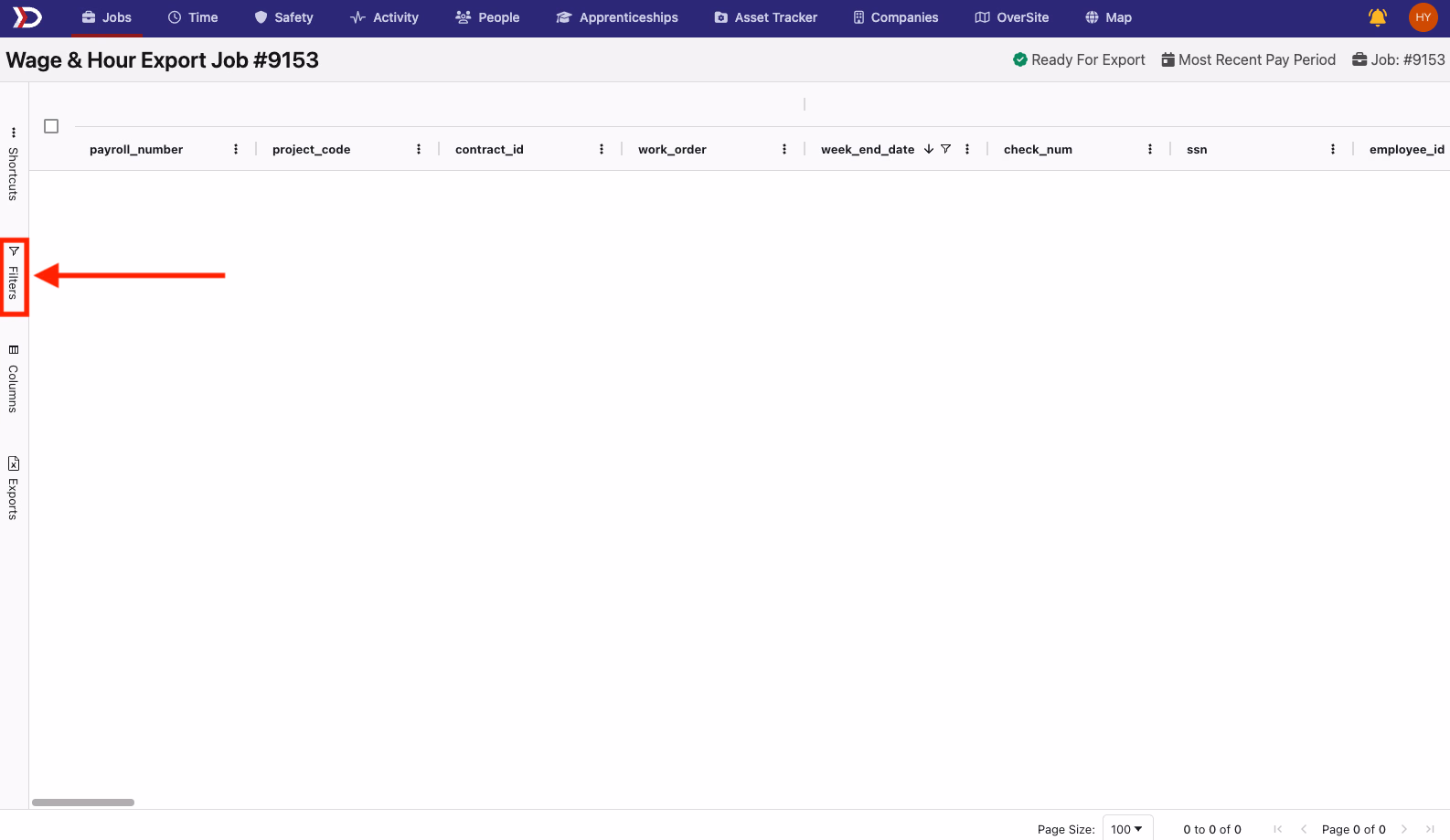 Wage and Hour Export table with the Filters panel highlighted showing week_end_date and class_code filter options
