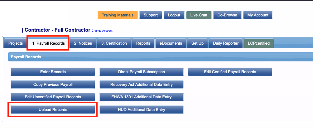 LCPtracker Payroll Records page with the 1. Payroll Records tab and Upload Records button highlighted in red boxes