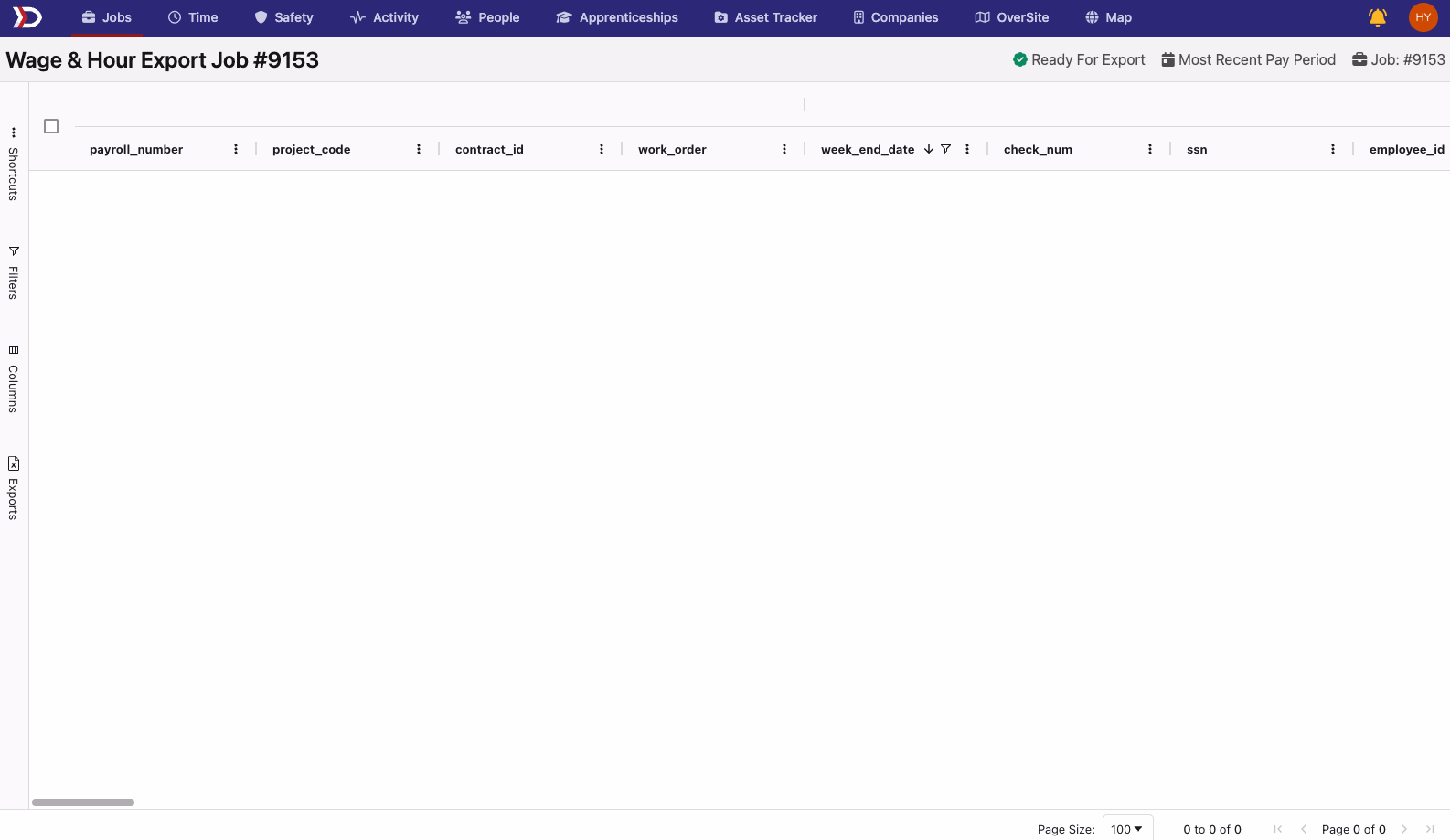 Wage and Hour Export tabular view for Job #9153 showing columns for payroll_number, week_end_date, and class_code