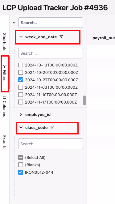 Filter panel showing week_end_date date checkboxes and class_code options with a specific week and class highlighted