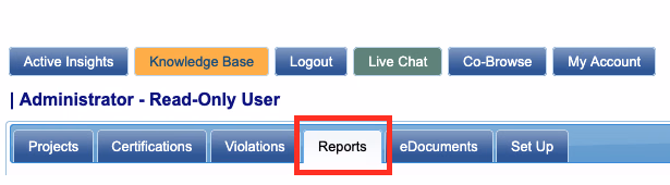 LCPtracker navigation showing the Reports tab highlighted in the top menu