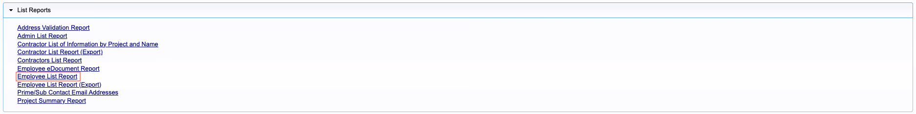 LCPtracker List Reports expanded showing Employee List Report option highlighted