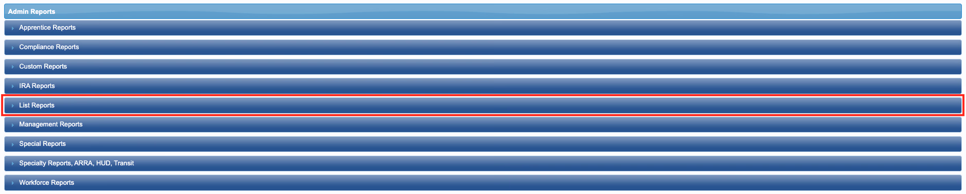 LCPtracker Admin Reports page with the List Reports dropdown highlighted