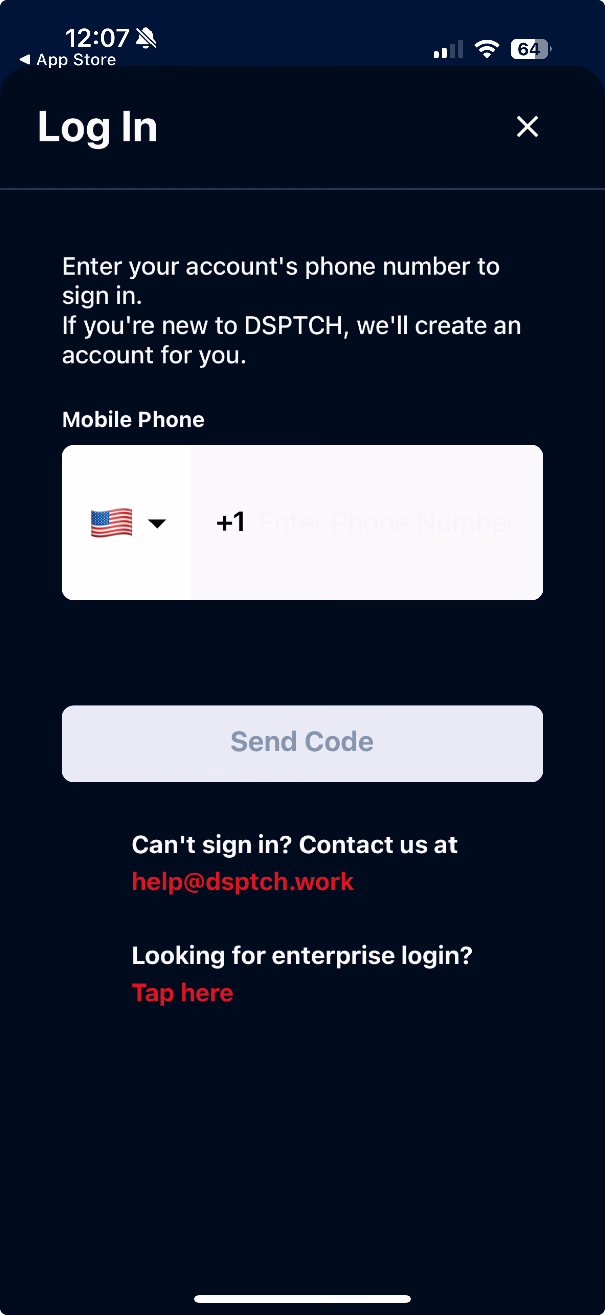 Mobile Log In page with phone number entry field and Send Code button