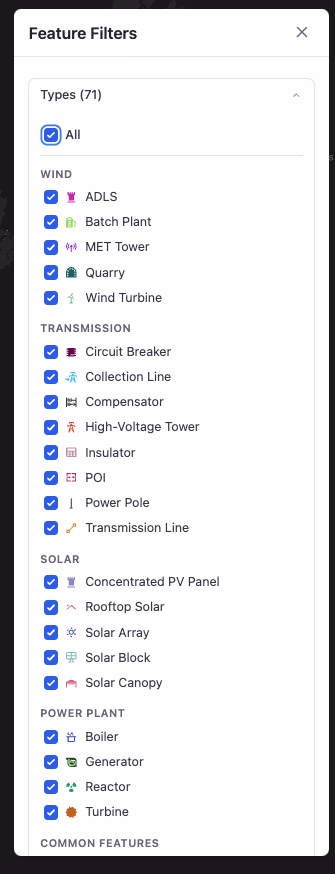 Feature Filters panel showing Types (71) with All selected and a full list of feature type checkboxes grouped by industry