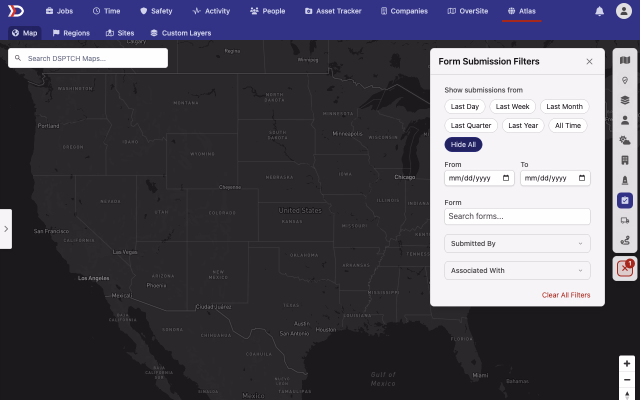 The map's Form Submission Filters panel with Hide All selected and every submission cleared from the map