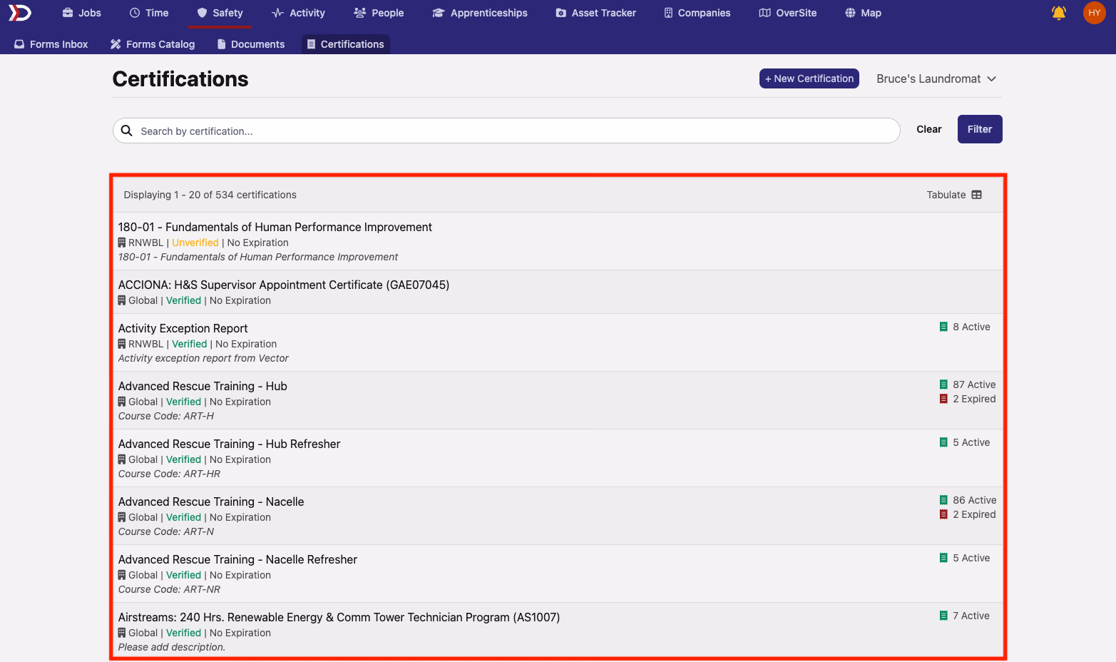 Master Certification List on the Certifications tab highlighted in red