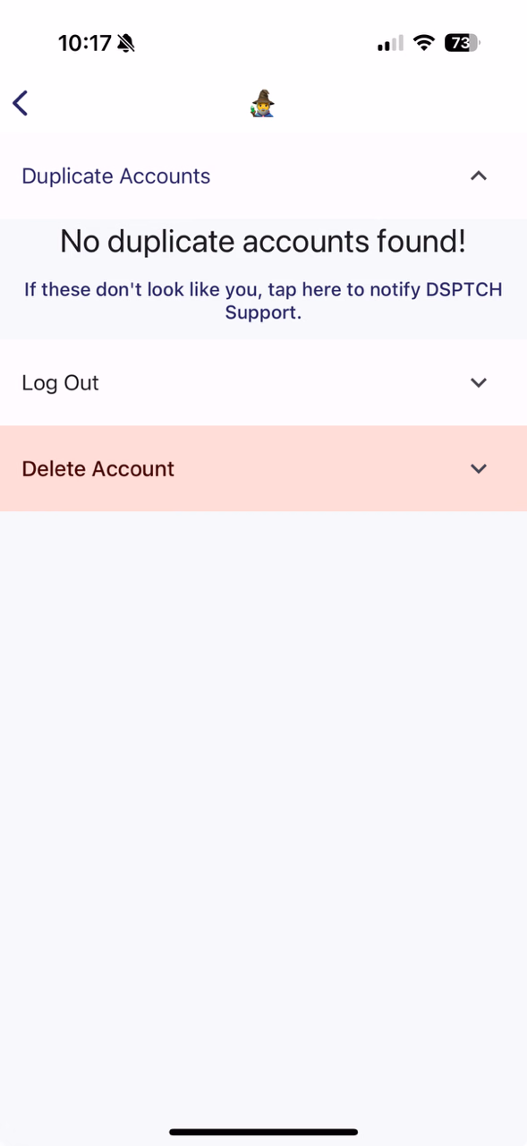 Duplicate Accounts screen showing No duplicate accounts found success state