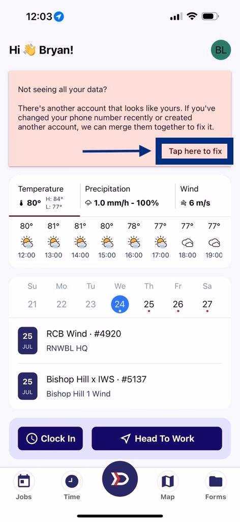 App homepage with red duplicate account banner and Tap here to fix button