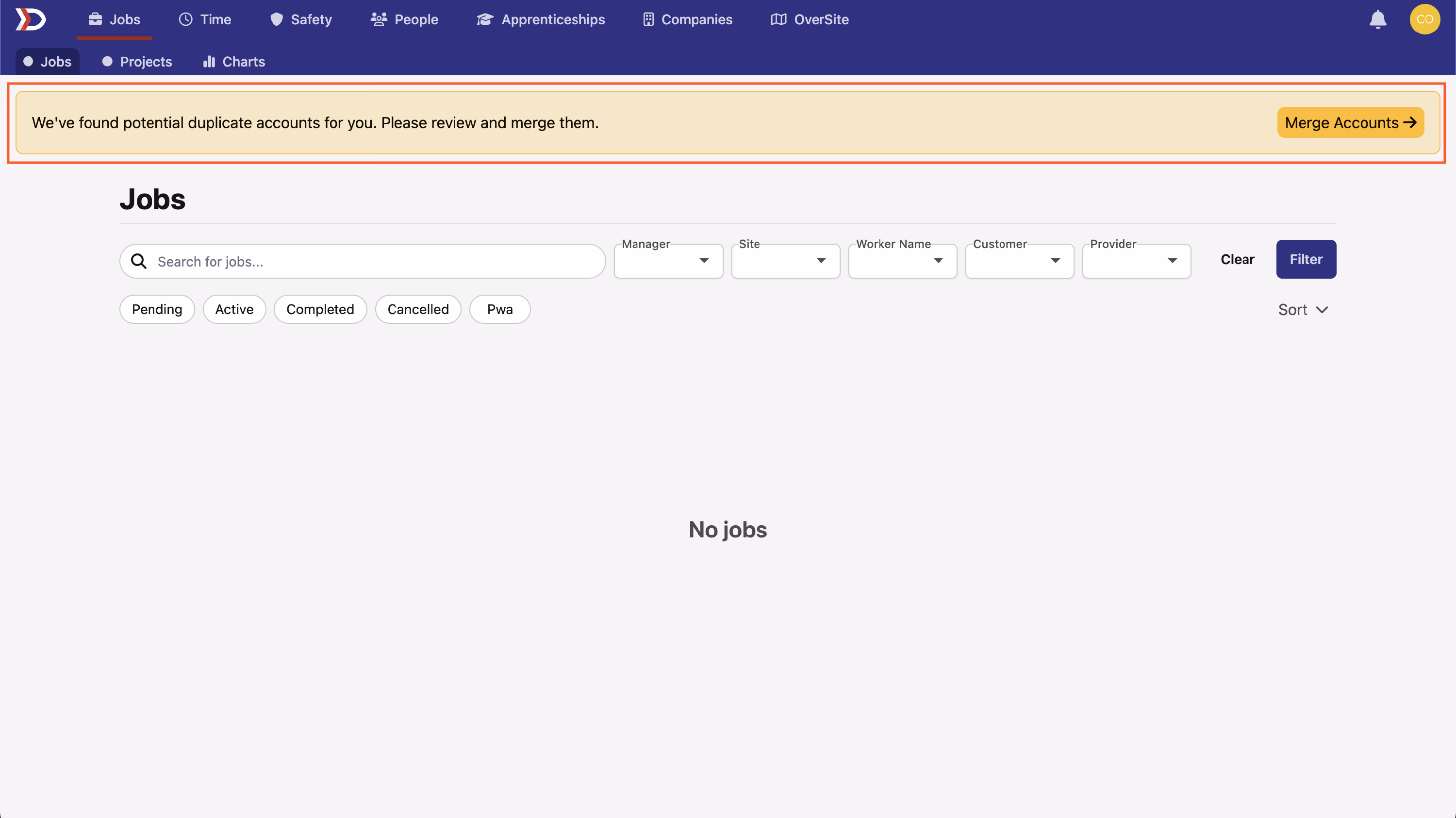 Jobs page with the potential duplicate accounts warning banner highlighted at the top