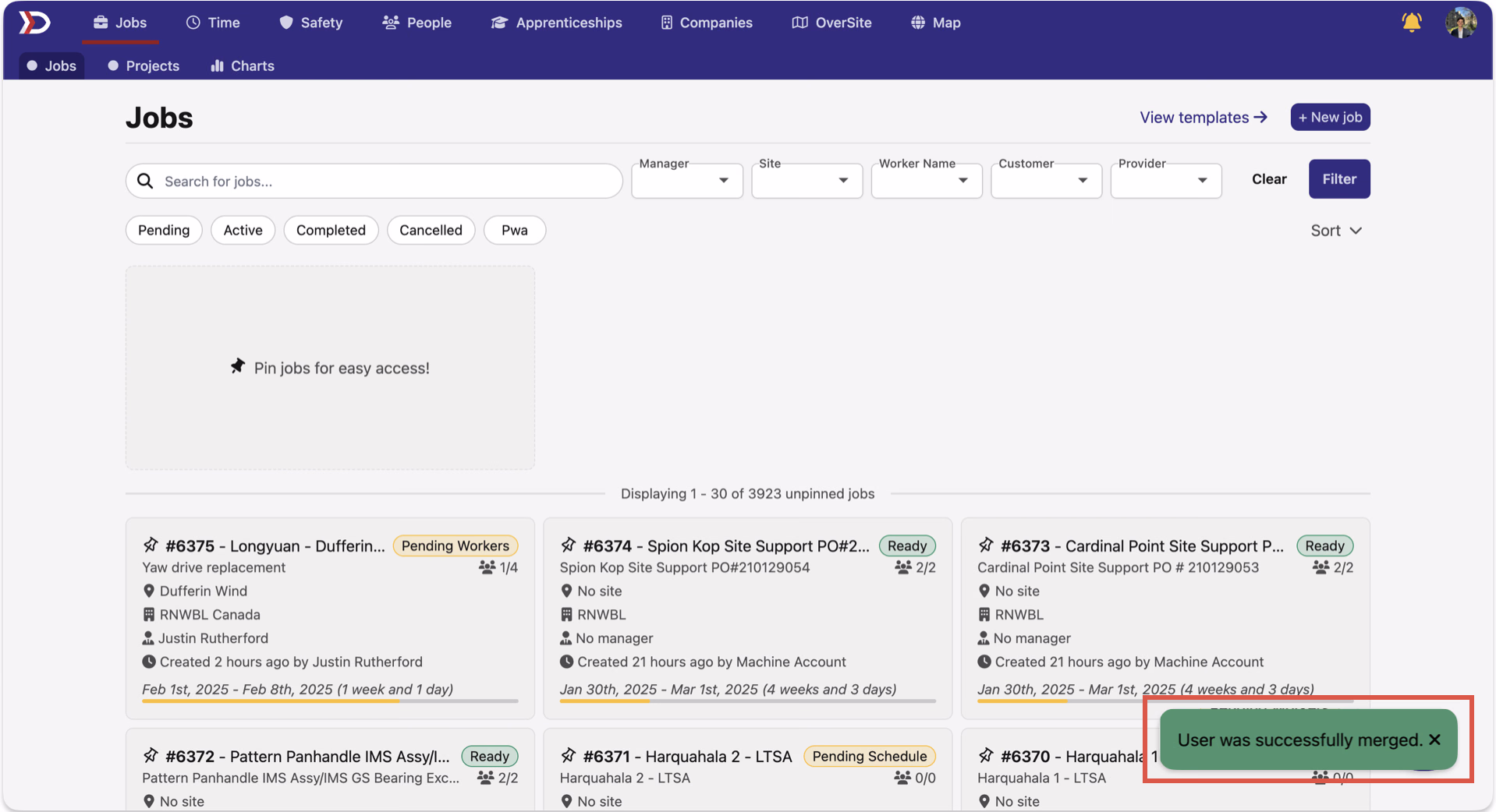 Jobs page with the User was successfully merged success toast highlighted