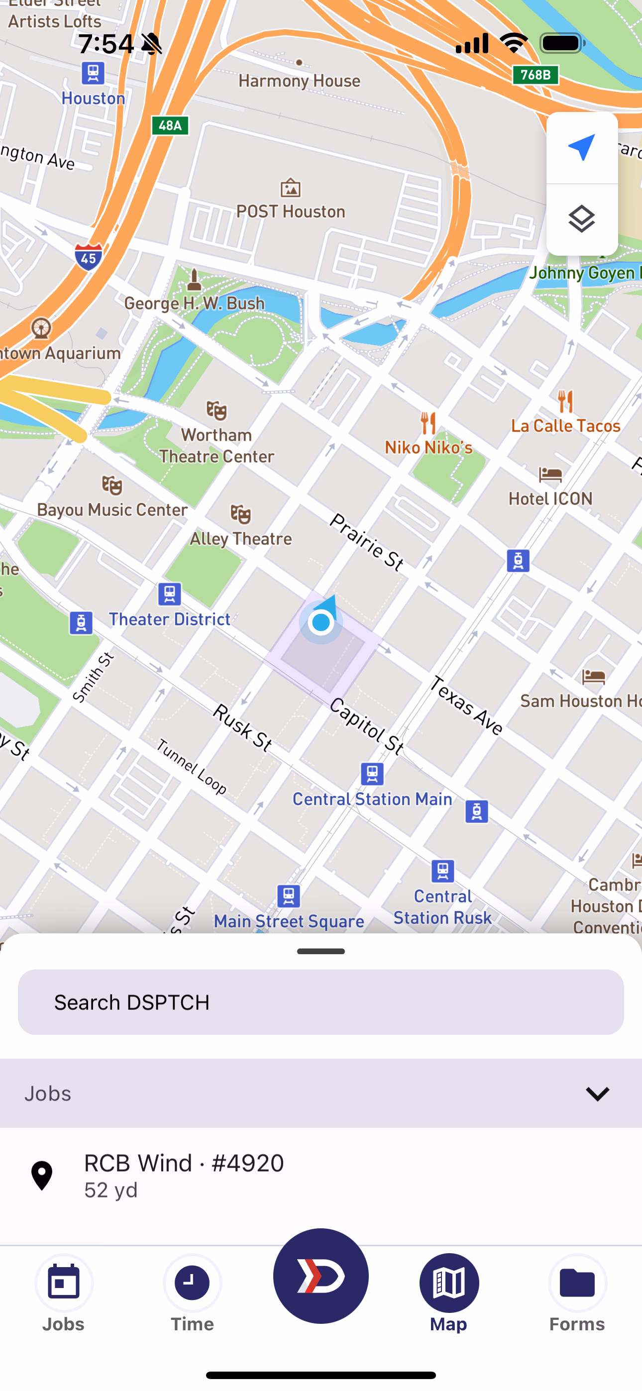 Map centered on the user's location with the My Location button shown in active blue state