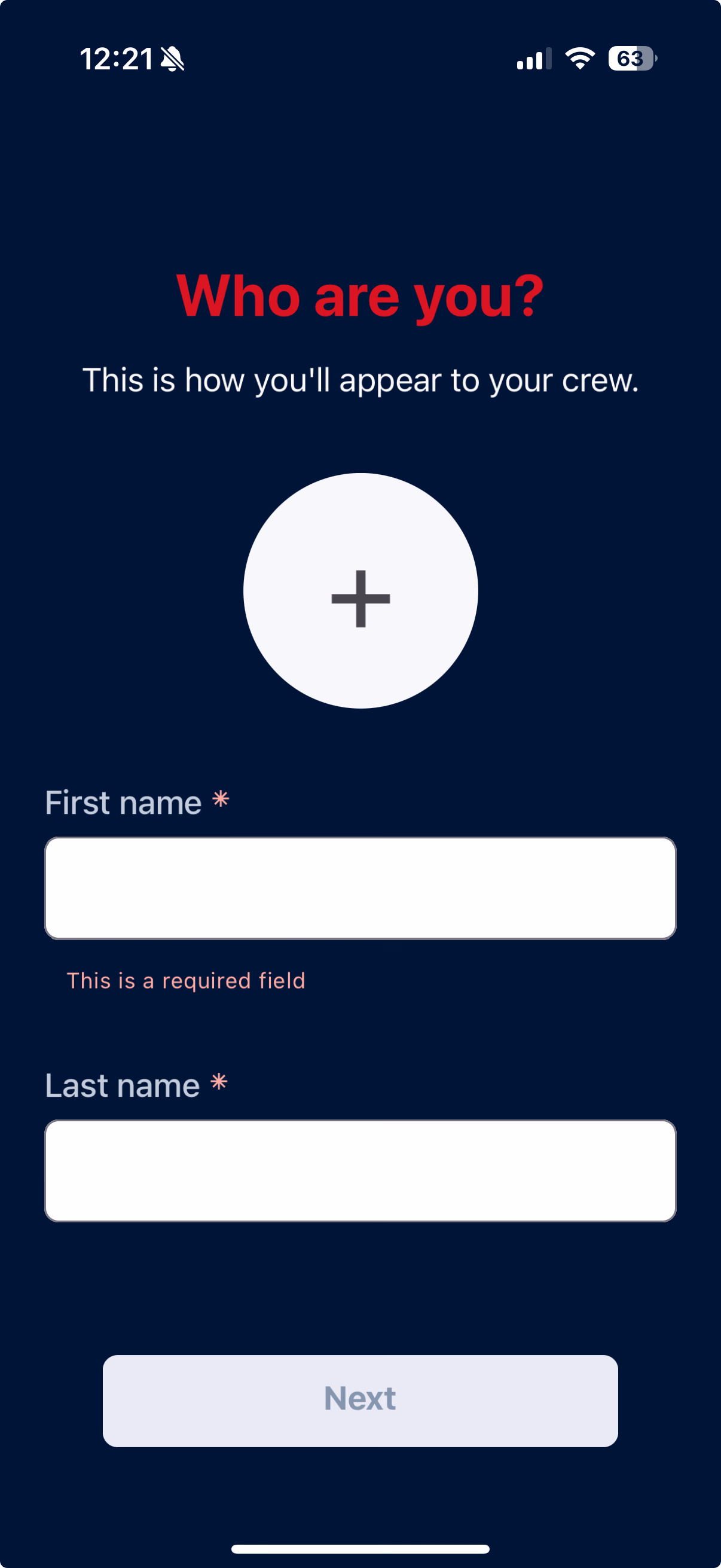 Who are you? page for entering first name, last name, and an optional profile photo
