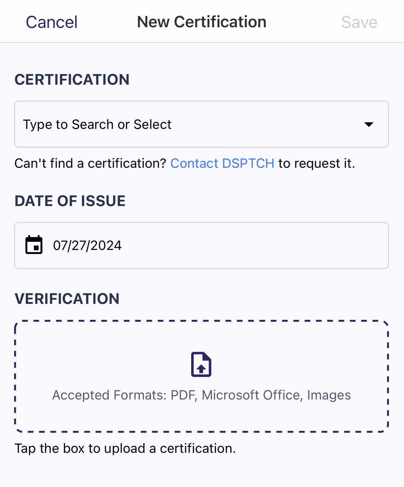 New Certification form with Certification, Date of Issue, and Verification upload fields