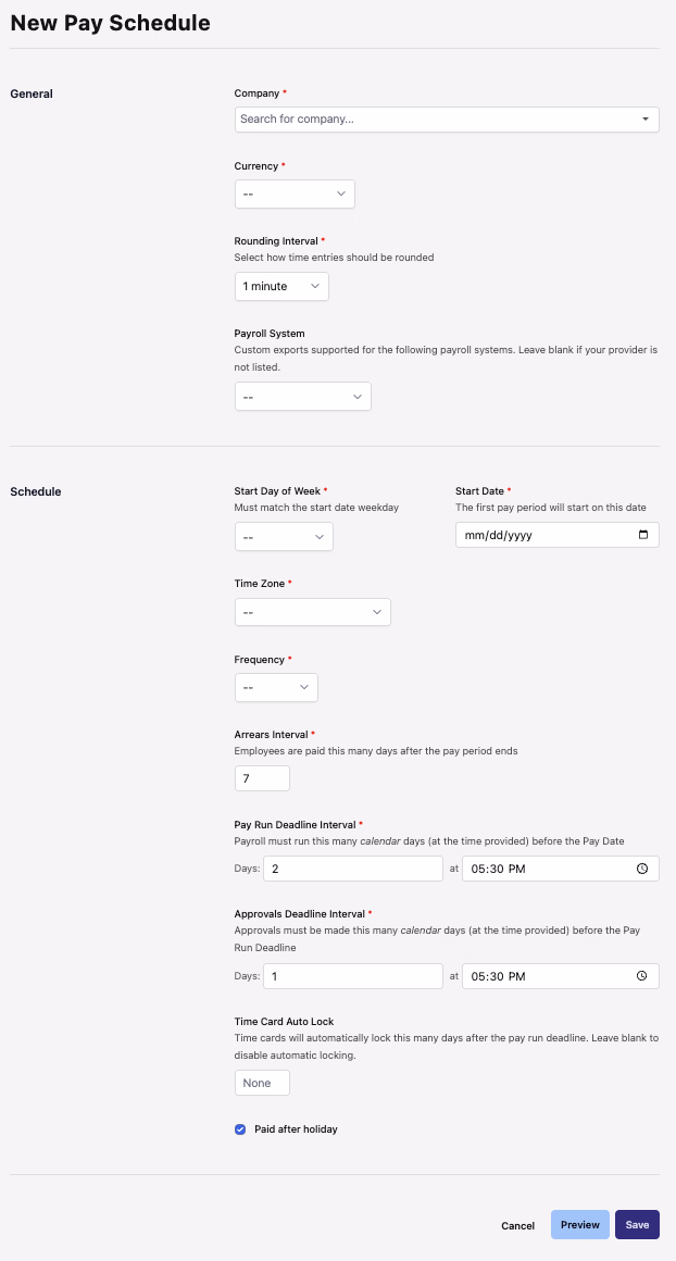 New Pay Schedule form showing all required fields including company, currency, frequency, and interval settings
