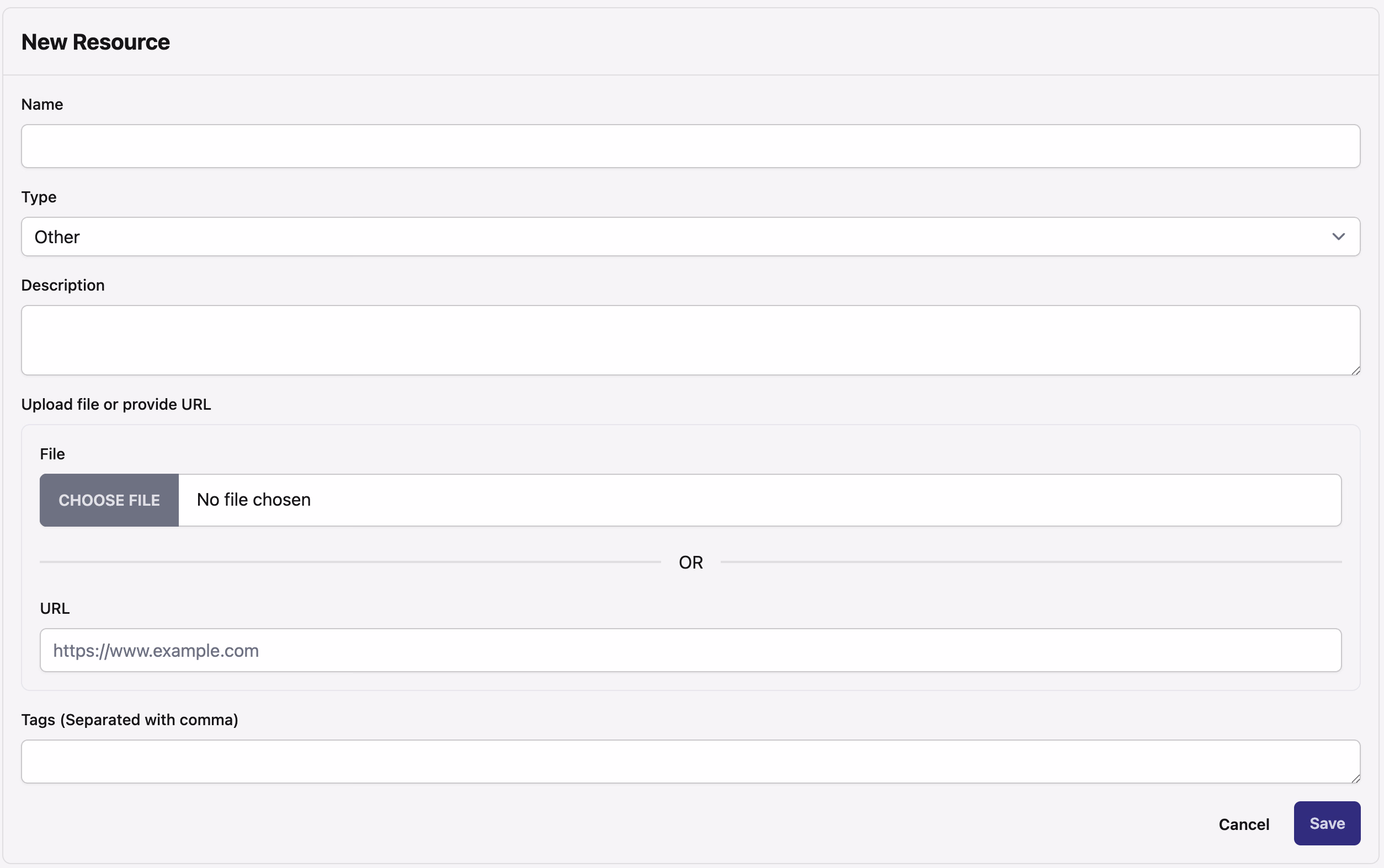 New Resource form with name, type, description, file upload, and tags fields