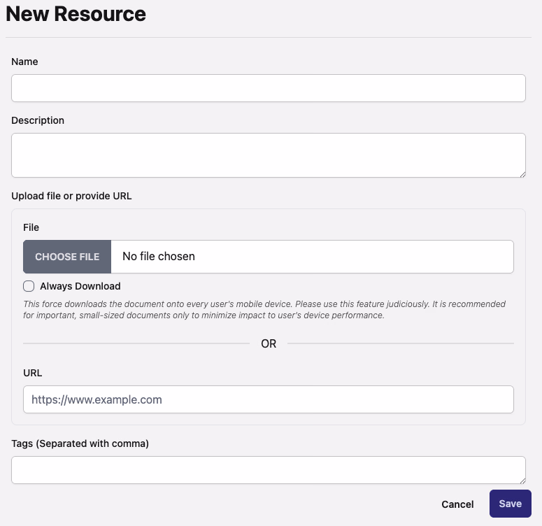 New Resource form with name, description, file upload, always download toggle, URL, and tags fields