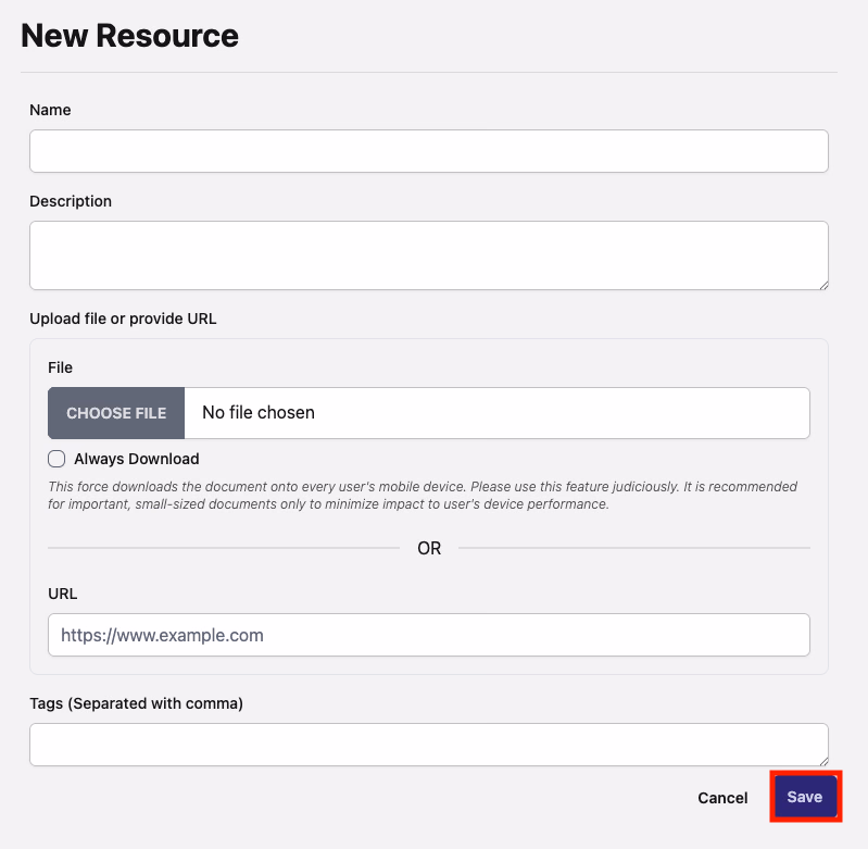 New Resource form with the Save button highlighted in red