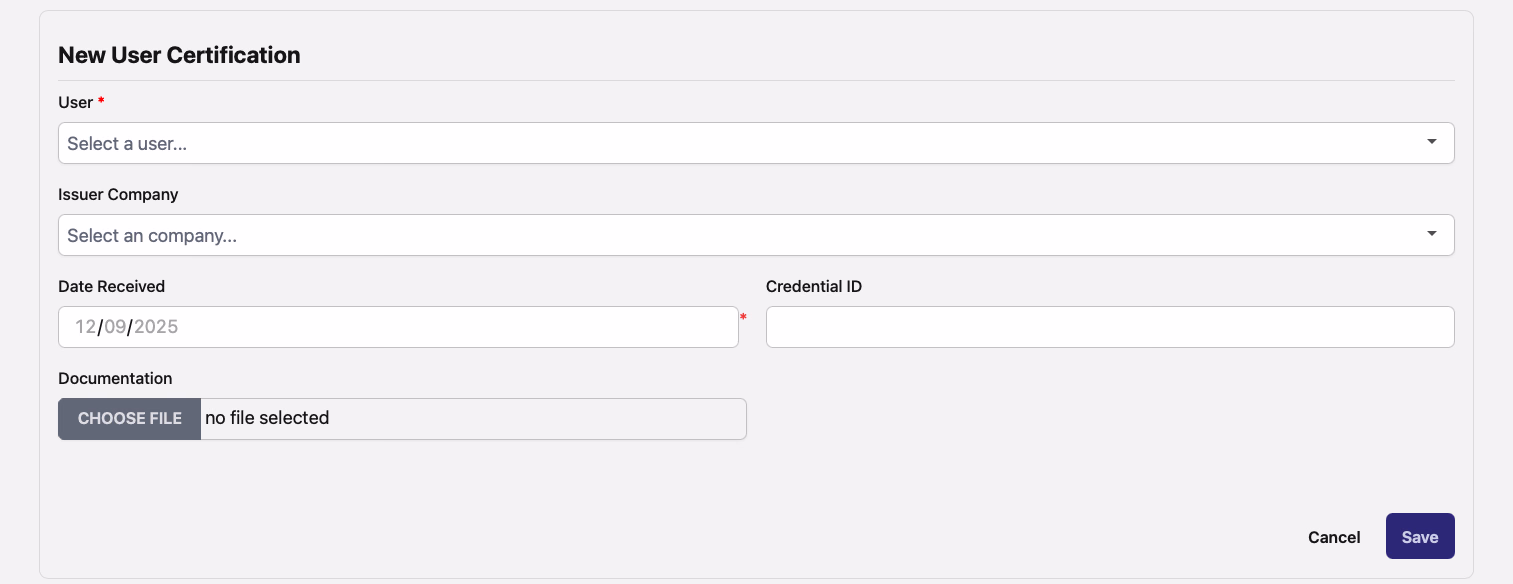 New User Certification form from a specific certification page with user, issuer, date, credential, and documentation fields