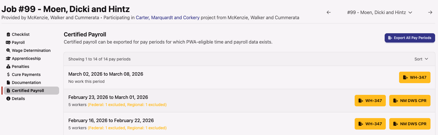 The Job Certified Payroll page with NM DWS CPR export buttons next to WH-347 on pay periods that have worker data