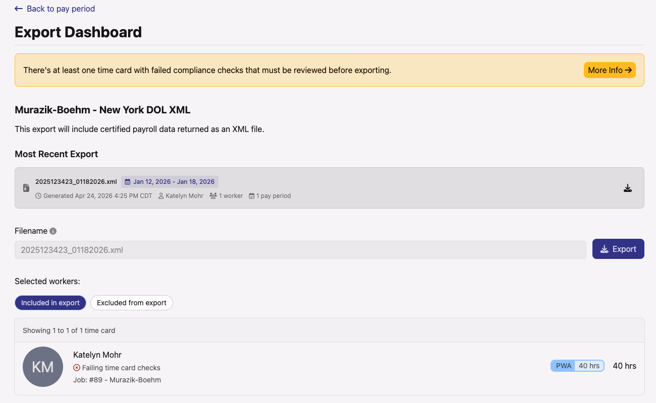 NY DOL XML pay period export dashboard