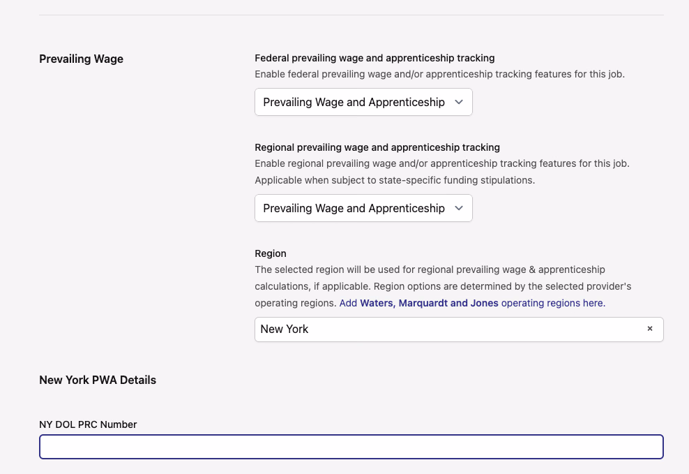 New York PWA fields on the job edit page