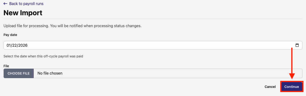 New Import form with the Continue button highlighted in a red box and arrow