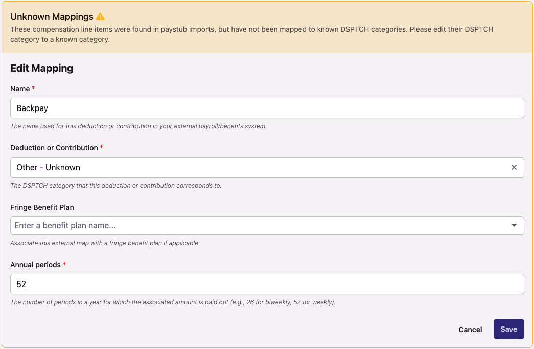 Edit Mapping form showing Backpay name with Deduction or Contribution set to Other - Unknown