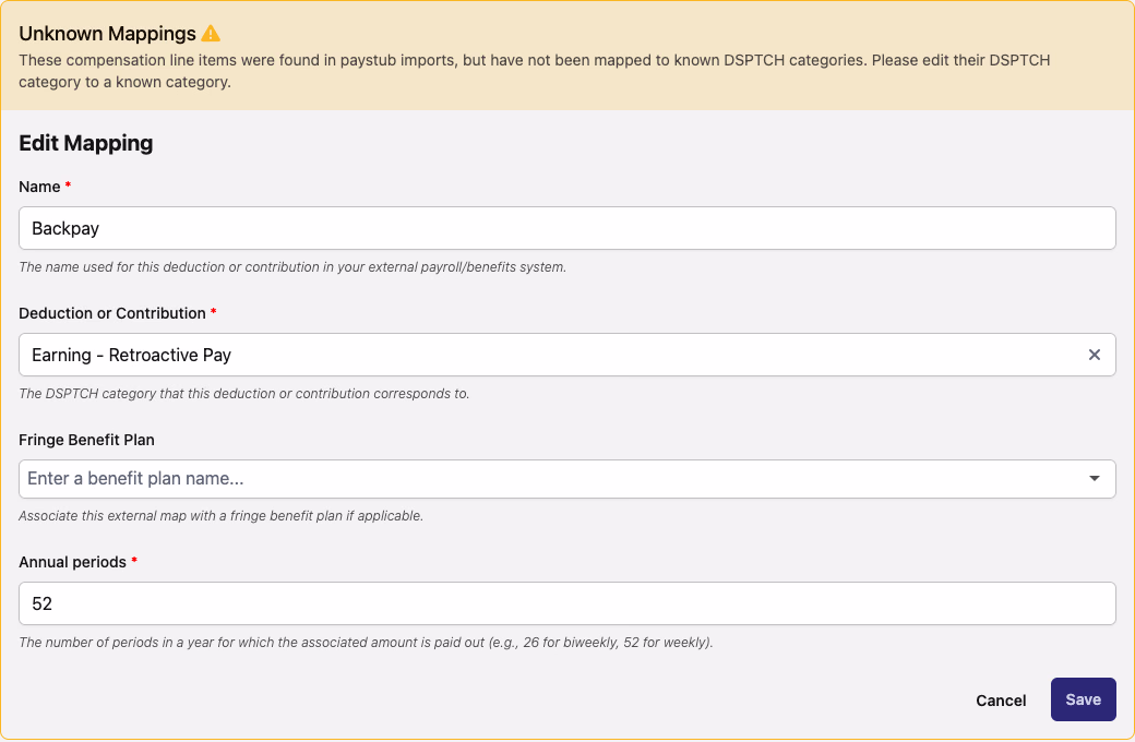 Edit Mapping form showing Backpay mapped to Earning - Retroactive Pay as the DSPTCH category
