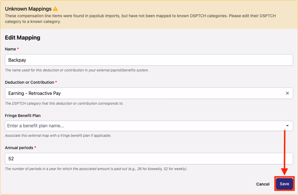 Edit Mapping form with Earning - Retroactive Pay selected and the Save button highlighted in a red box