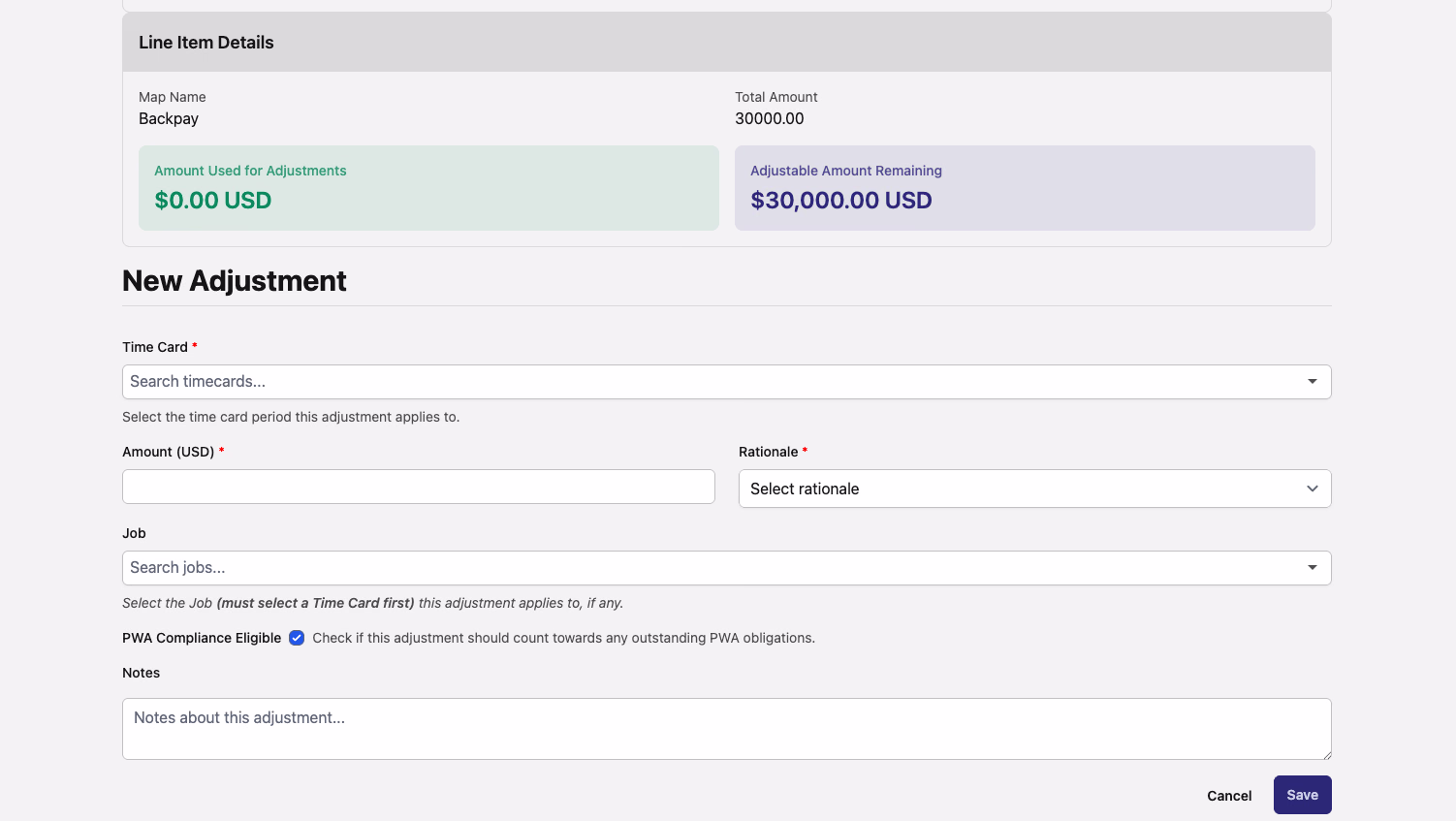 New Adjustment form showing Time Card, Amount, Rationale, Job, PWA Compliance Eligible, and Notes fields