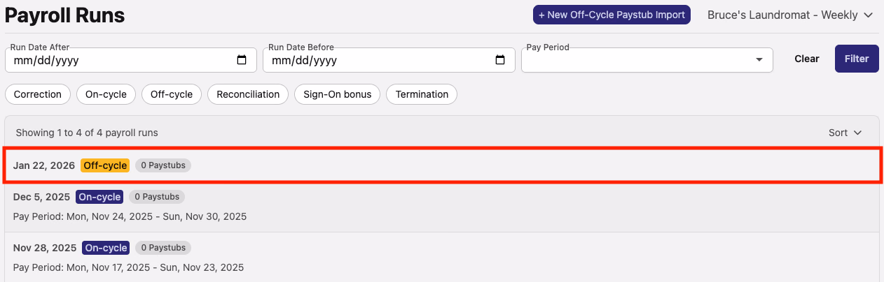 Payroll Runs page showing the new Off-cycle import highlighted in a red box in the list