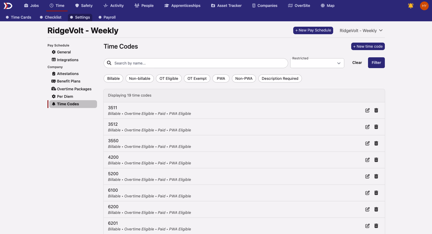 Time Codes settings page listing billable PWA-eligible time codes