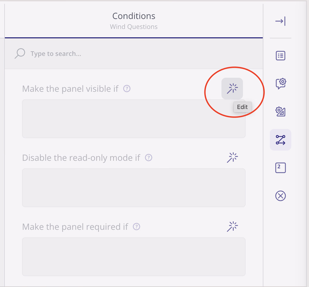 Conditions panel with the wand Edit icon circled in red to open the condition settings menu