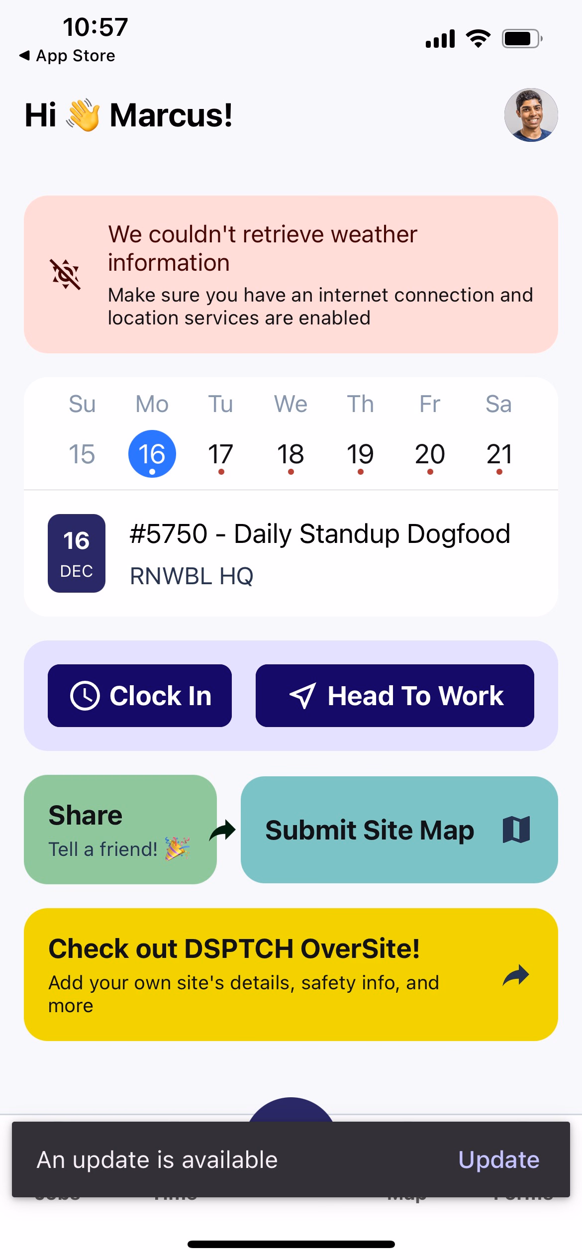Mobile dashboard with an OTA update banner reading An update is available with an Update button