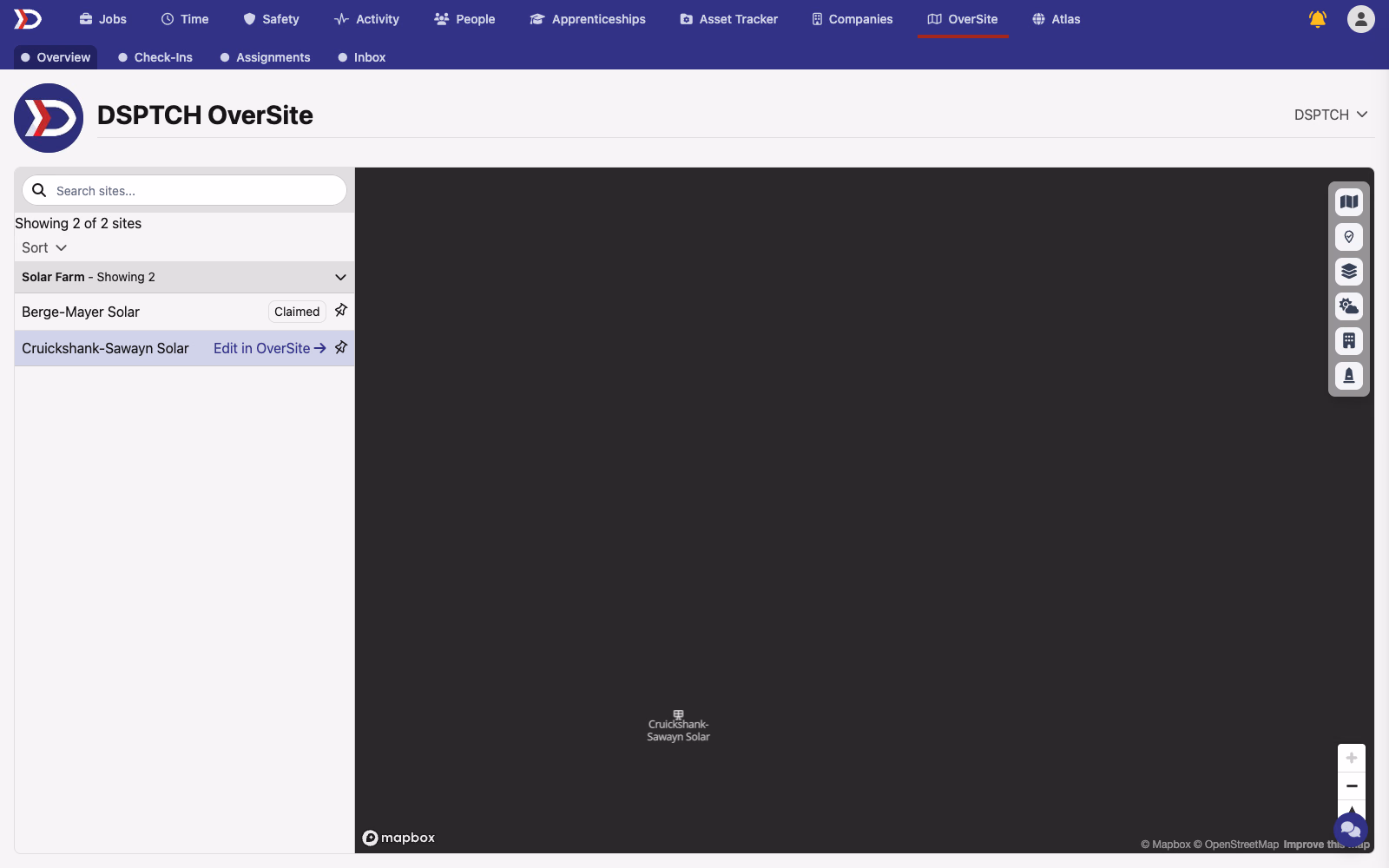 OverSite Overview with a selected site row showing the Edit in OverSite link