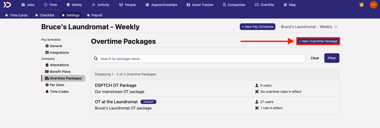 Overtime Packages settings page showing two packages with the New Overtime Package button highlighted by a red arrow